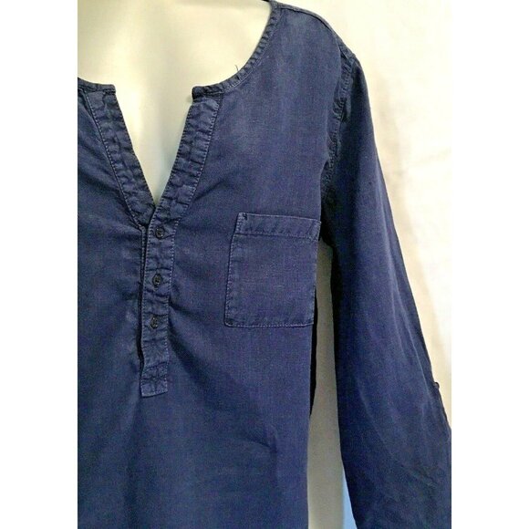 Joie 100% Linen Women Blouse Henley Size L Navy Blue Long Sleeve Rollable Hi-Lo - Picture 3 of 10